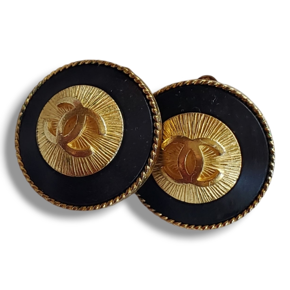 CHANEL Vintage Gold Sunburst CC Logo & Wood Clip Y2K Earrings CHANEL 93A France - Picture 11 of 17